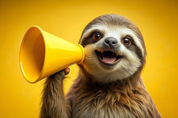 Fototapeta premium Cheerful Sloth with Yellow Megaphone on Solid Yellow Background - Low Light Photography Capturing Joy and Whimsy in Nature