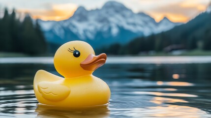 Yellow Rubber Duck Floating on a Lake with Mountain View, Concept of Adventure and Travel