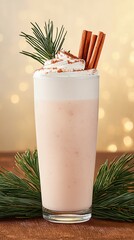 A hyper-realistic close-up of a glass of eggnog garnished with nutmeg and cinnamon sticks