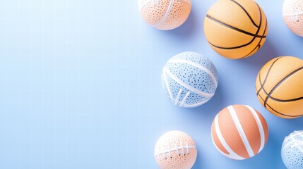 A vibrant display of colorful sports balls on a soft blue background, representing various athletic activities.