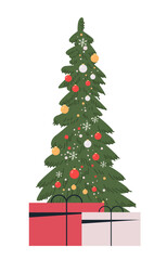 Christmas tree with decorations and gifts festive holiday scene with ornaments snowflakes colorful presents beneath green tree white background