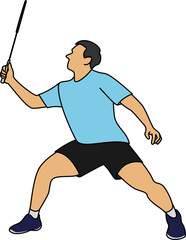 Vector illustration of a badminton player in a focused stance, preparing for a smash or return shot. The Athlete poised for a push shot, ready for action, holding a racket with determination