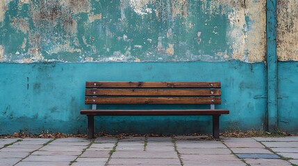 Empty bench sitting against a weathered teal wall