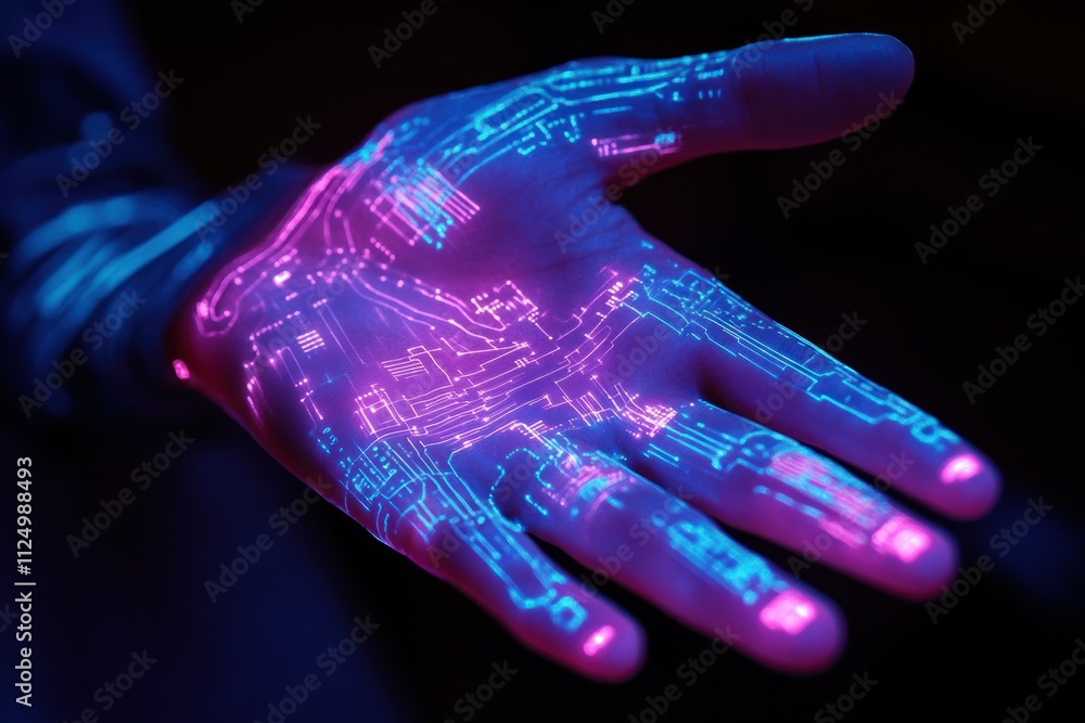 Poster futuristic hand with glowing circuit patterns