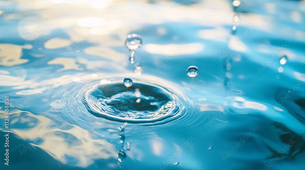 Poster water droplets creating concentric ripples on a blue surface