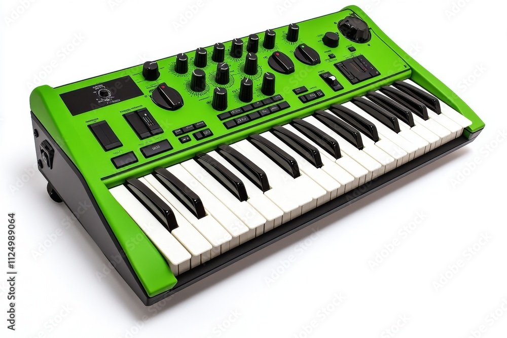 Aufkleber a versatile synthesizer with an array of digital controls and a full keyboard, set against a clean w