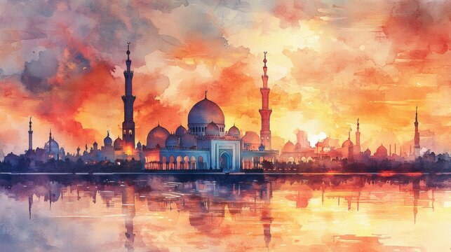 mosque, eid mobarak theme, watercolor