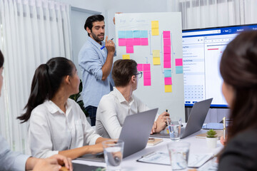 Project manager communicate and collaborate with team using project management software display on monitor, tracking progress of project task and making schedule plan at meeting table. Prudent