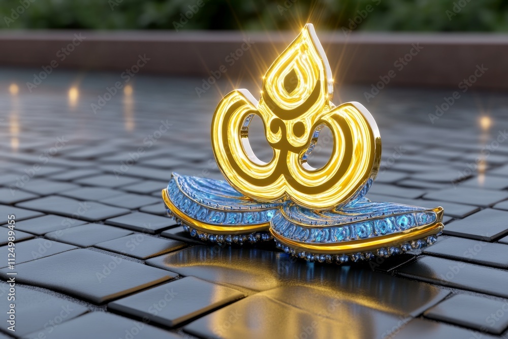 Poster A vibrant 3D rendering of the Aum symbol floating above a glowing lotus, with intricate details and divine light beams emanating from it