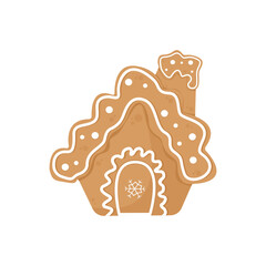 Gingerbread House Winter Cookie with decorative sweet glaze and icing. Traditional Christmas holiday cookies. Isolated a white background for card, postcard, cover. EPS 10
