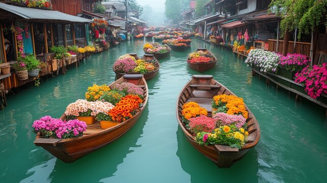 Vibrant flower-laden boats navigating a serene floating market landscape