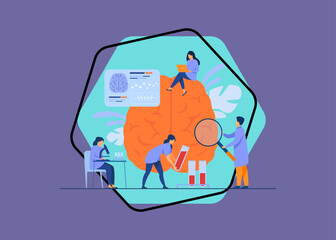 Doctors doing medical research on human brain and testing blood samples. Scientists studying brain and memory, collecting data. Vector illustration for experiment, laboratory, science concept