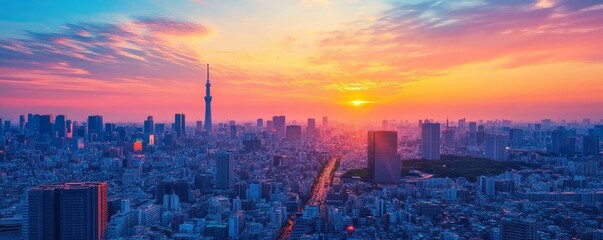 Obraz premium futuristic cityscape at sunset, with neon lights, Generative AI