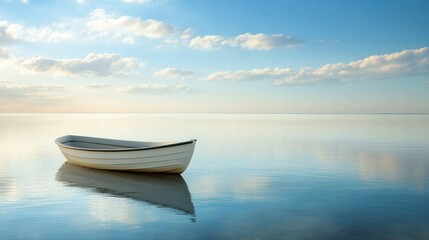 Naklejka premium A small boat rests peacefully on still waters under a soft blue sky, reflecting serene tranquility at dawn. Generative AI