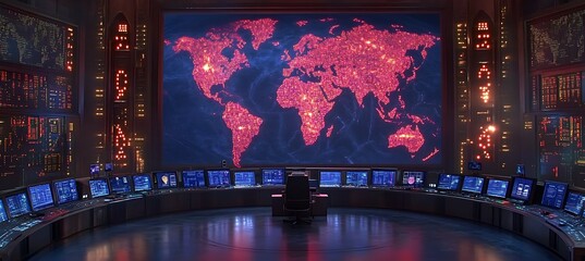 Obraz premium Global surveillance control room with a world map displaying data streams.