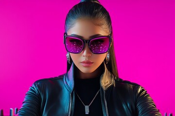 A vibrant image of a female DJ in a retro 80s-themed party, wearing oversized sunglasses and a leather jacket as she mixes