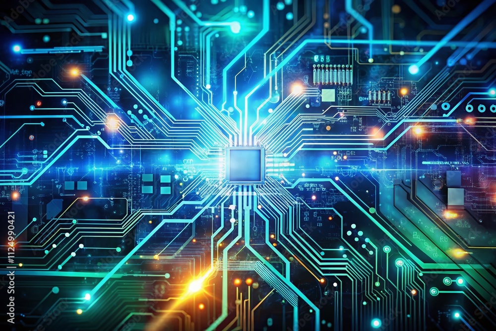 Poster circuitry and modern tech components intersecting wire paths for generative ai: a futuristic backgro
