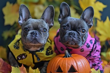 Fototapeta premium Cute French Bulldogs in Halloween Costumes with Pumpkin