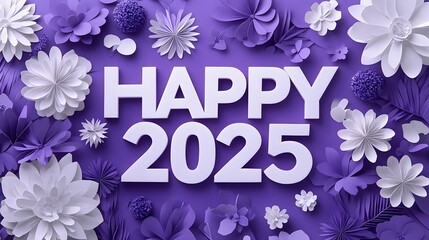 The Phrase "Happy 2025", with Ornaments and Flowers, Abstract Image, Texture, Pattern Background, Wallpaper, Cover and Screen for Smartphone, PC, Laptop, 9:16 and 16:9 Format
