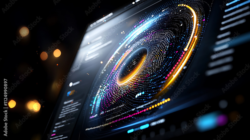 Poster dynamic data visualization displaying quantum energy patterns digital interface infographic design f