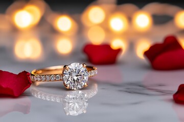 A vibrant photo of a diamond engagement ring placed on a glossy marble table, surrounded by rose petals and soft lighting