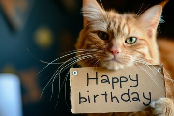 Small ginger cat wishing happy birthday holding a cardboard sign
