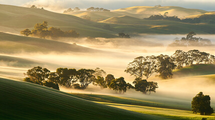 Obraz premium Early morning fields with mist hovering close to the ground.