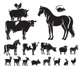 vector farm animals silhouettes isolated on white
