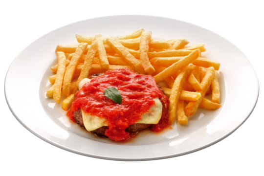 Prato com hambúrguer com molho de tomate e queijo acompanhado de batatas fritas isolado em fundo transparente