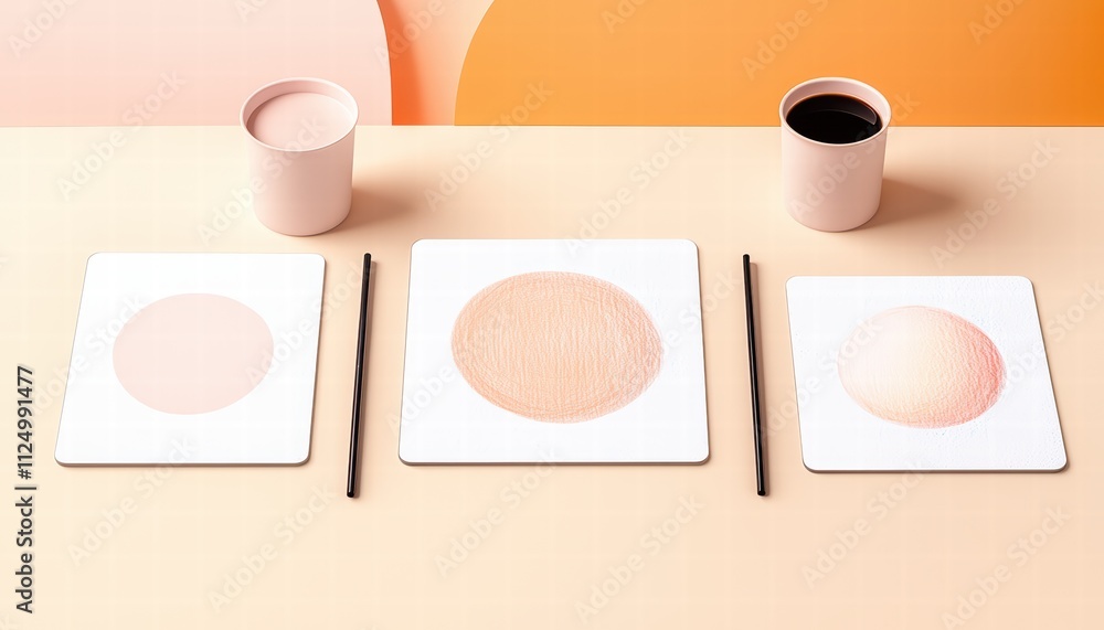Poster modern art workspace featuring abstract circles and minimalistic design elements with warm peach ton