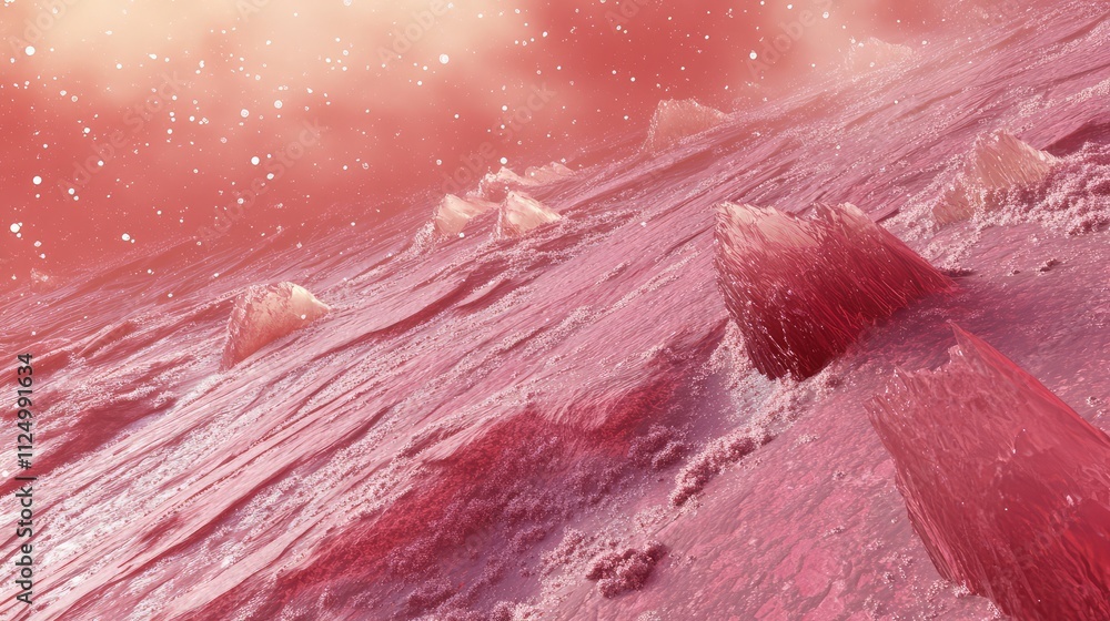 Poster abstract view of martian ice formations with thin frozen sheets and frost particles on rugged, red-c