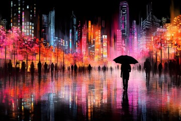 Obraz premium A vibrant watercolor depiction of a futuristic cityscape, with glowing neon lights and digital patterns weaving through the scene