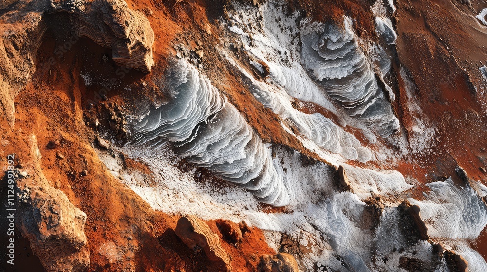 Poster abstract view of martian ice formations with thin frozen sheets and frost particles on rugged, red-c