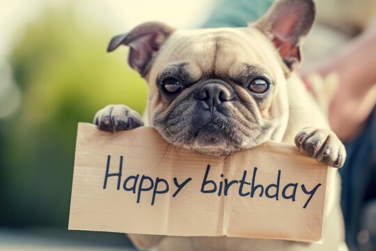 Small pug wishing happy birthday holding a cardboard sign