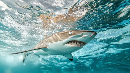 Obraz premium Beneath the shimmering surface, a sleek shark navigates the vibrant blue waters, showcasing its powerful body and keen expression. Sunlight dances on its skin, capturing the essence of ocean life