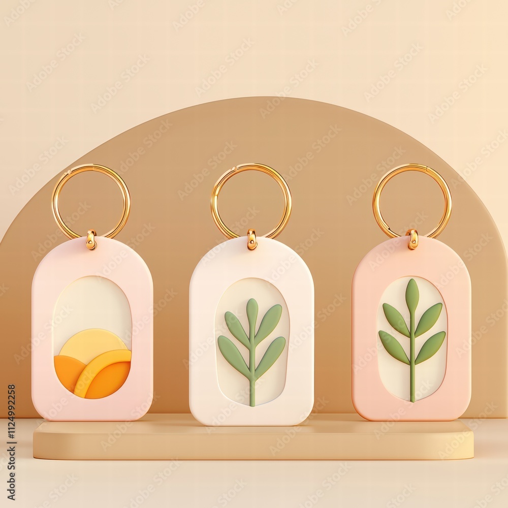 Poster stylish keychains with vibrant designs showcasing nature-inspired elements on a subtle background.