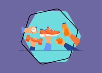 Many hands holding boot, apple, bottle with water, dumbbell flat vector illustration. Workout and training accessories for sport exercise. Wellness and healthy lifestyle concept