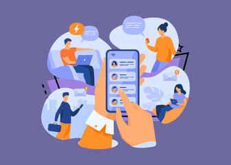 Mobile phone user sharing news online, sending messages to friends, holding cellphone with contact list on screen. Vector illustration for refer a friend, email marketing concept