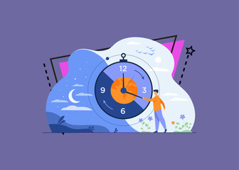 Man moving clock arrows and managing time. Planet, night and day in background. Vector illustration for circadian rhythms, daily routine, morning and evening change, planet movement concept