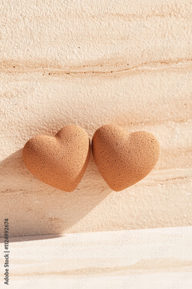 Poster two heart-shaped objects symbolizing love and affection on a soft beige surface for romantic themes.