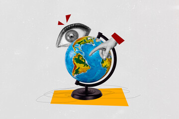 Composite creative art collage of eyeball look globe planet relocation move hands point stare...