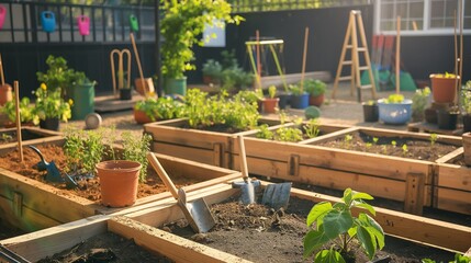 An outdoor garden classroom with raised beds, gardening tools, and plants in various stages of growth.