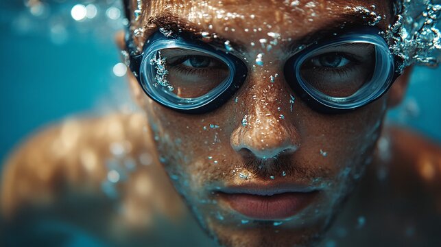 A close-up of a focused swimmer underwater, wearing goggles, with bubbles surrounding him, capturing determination and intensity in the aquatic environment.