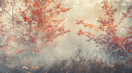 Fototapeta premium Early morning light filters through autumn trees with red and golden leaves, creating misty atmosphere