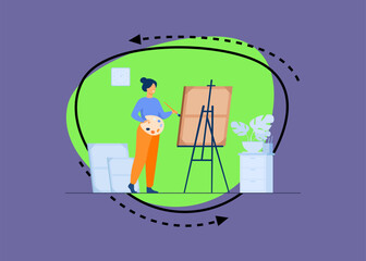 Smiling woman standing near easel and painting flat vector illustration. Cartoon painter with palette drawing new masterpiece. Creative profession and hobby concept