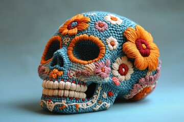 Obraz premium A colorful, decorative skull adorned with floral patterns, symbolizing D?a de los Muertos.