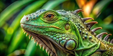 Fototapeta premium Close-Up Architectural Photography of a Green Iguana Portrait Showcasing Intricate Details and Vibrant Colors Against a Nature-Inspired Background