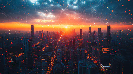 Obraz premium a futuristic city skyline at dawn showcasing