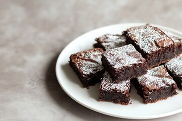 clean white plate with chocolate brownies dusted with powdered sugar styled against minimal backdrop