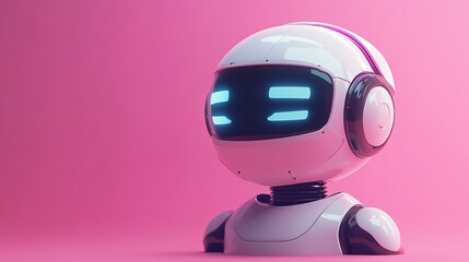 A cute robot with glowing features stands against a pink background, showcasing a modern and playful design.